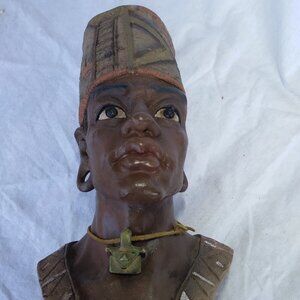 Vintage African Heritage Chalkware Statue Bust 13" Tall African Man & Necklace